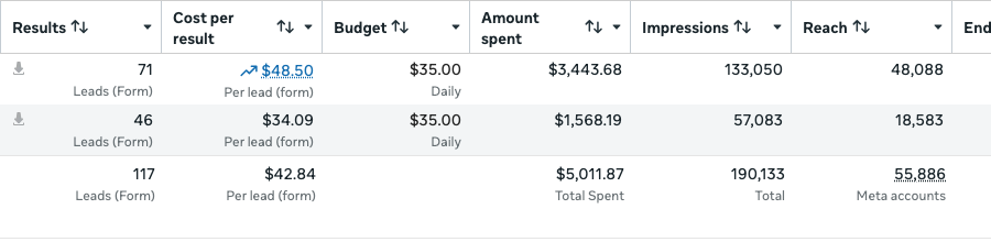 Anonymous campaign example: 117 form leads at $42.84 per lead